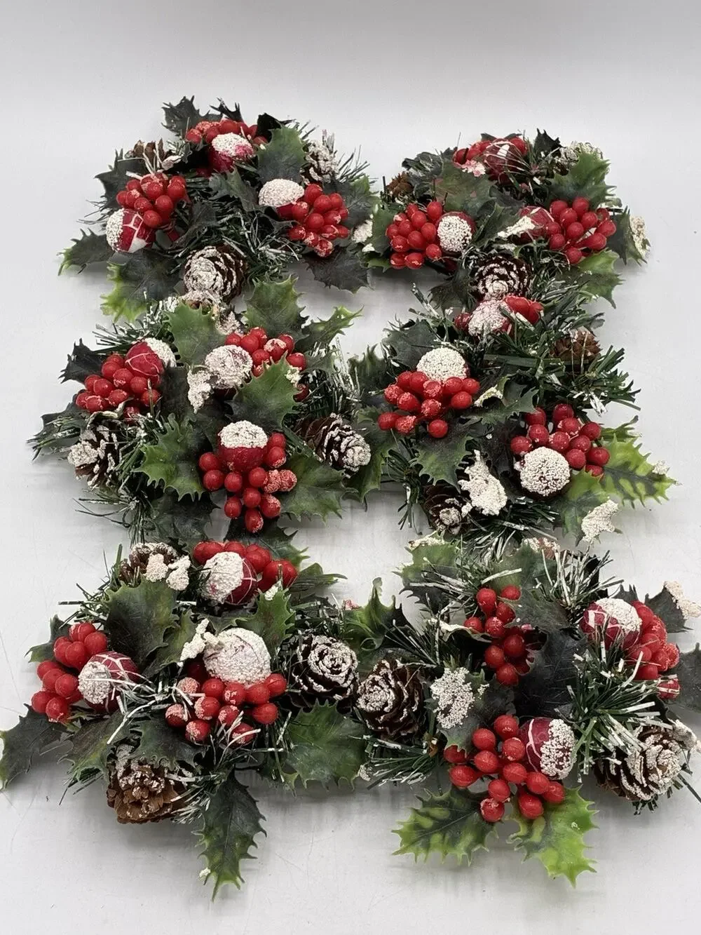Set of 6 Vintage Christmas Candle Rings Holly Berry Pinecone Snow